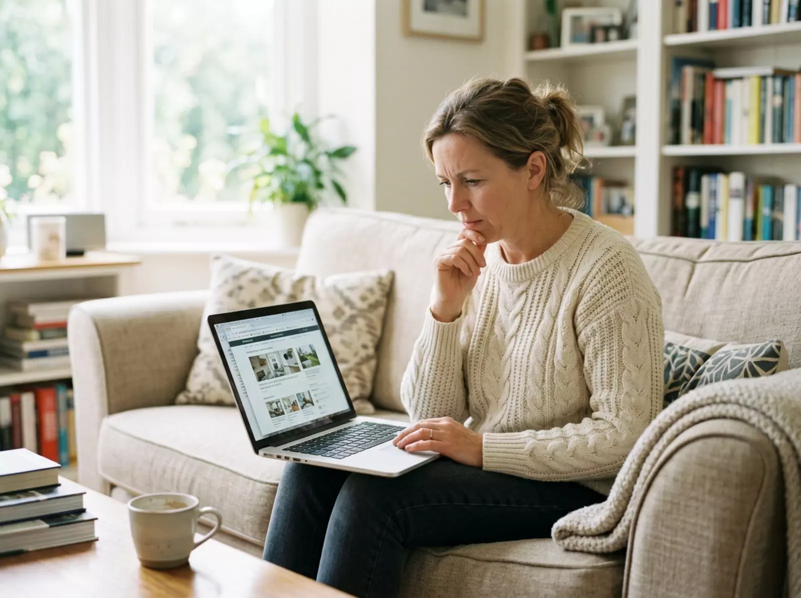 Hausbesitzer sitzt nachdenklich mit Laptop auf dem Sofa in einem hellen Wohnzimmer