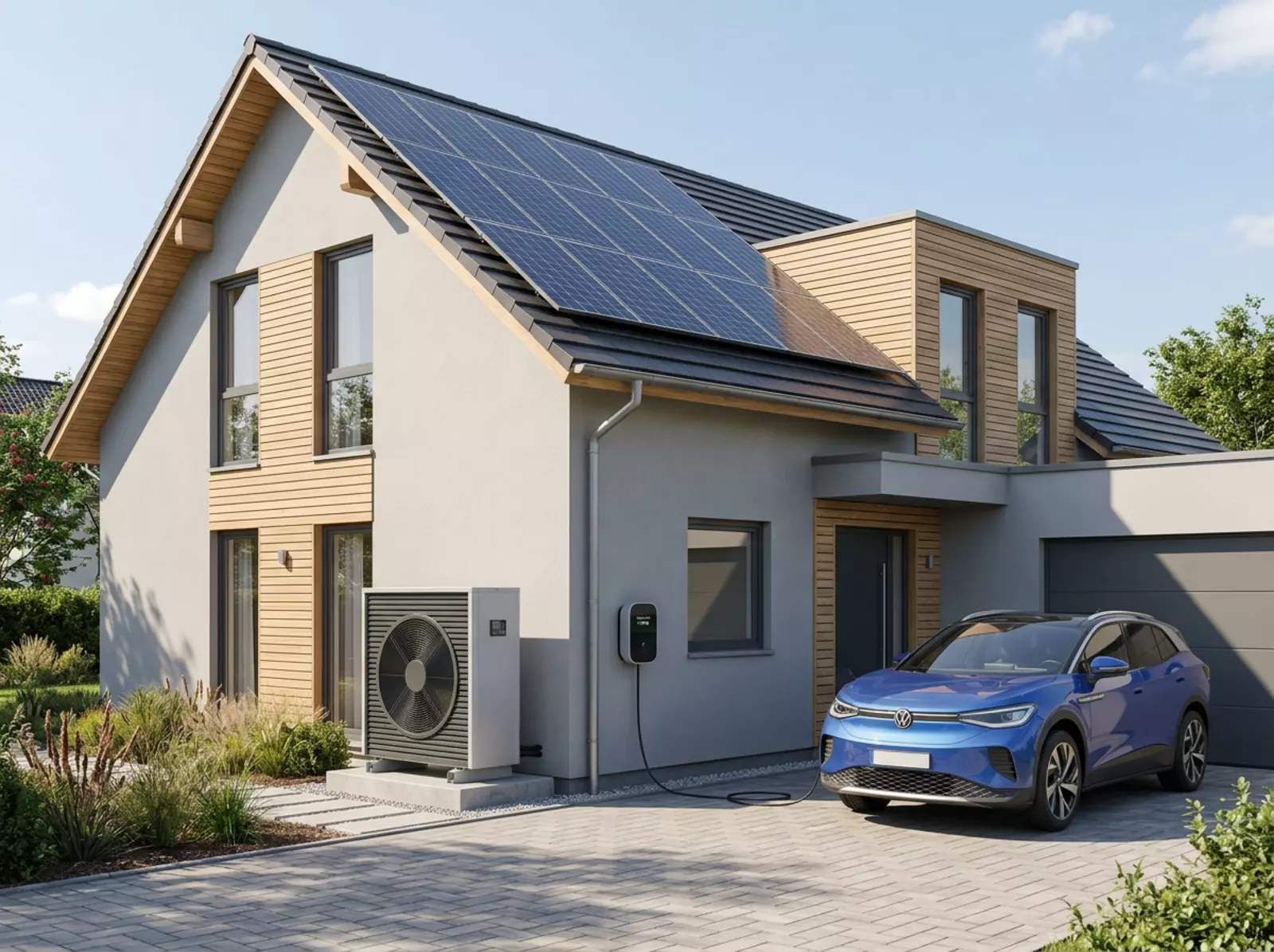 Ein Einfamilienhaus mit Solaranlage, Wärmepumpe und Wallbox steht neben einem blauen Elektroauto.