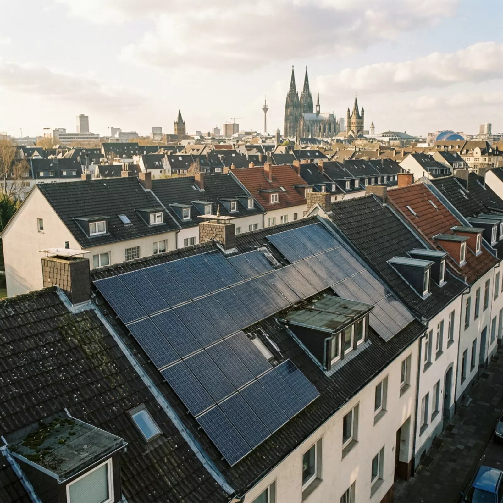Drohnenaufnahme: Kölner Wohnhäuser mit Solarmodulen, Skyline und Dom im Hintergrund.
