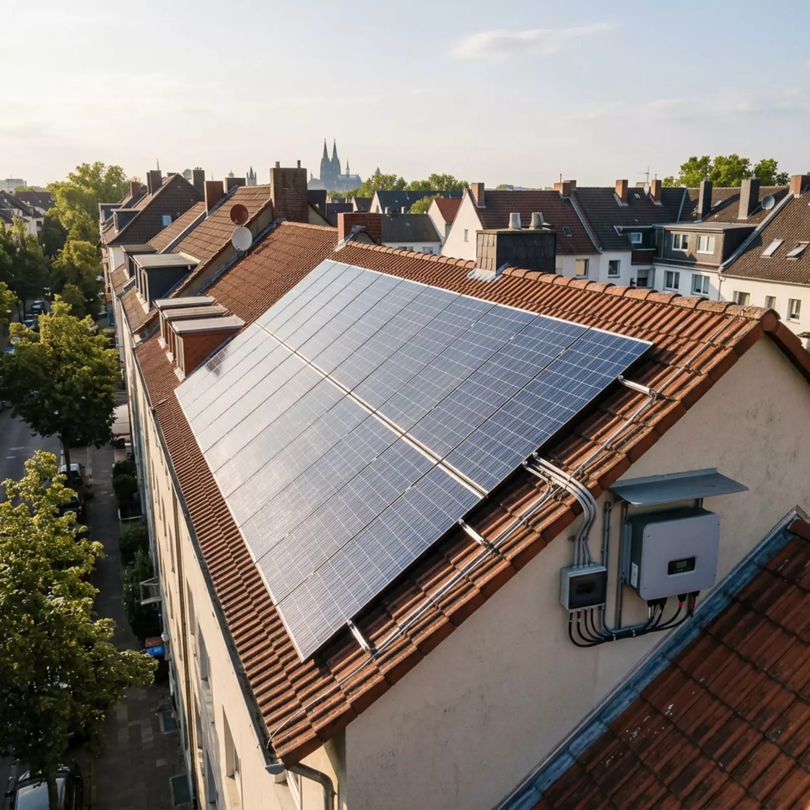 Photovoltaik-Anlage auf Kölner Wohnhausdach, Drohnenperspektive, warmes Licht