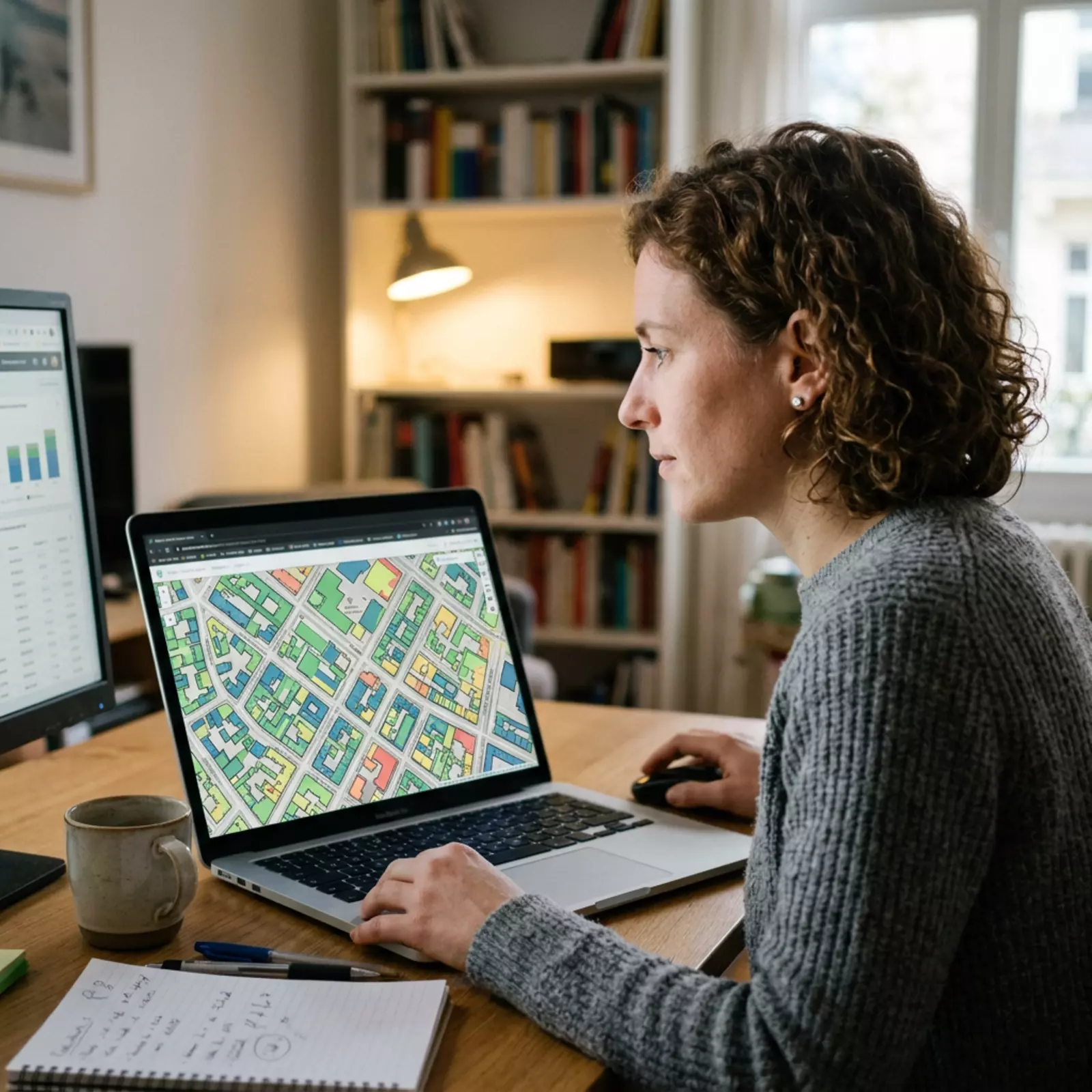 Person am Schreibtisch betrachtet digitale Stadtkarte mit farbigen Dachumrissen auf Laptop