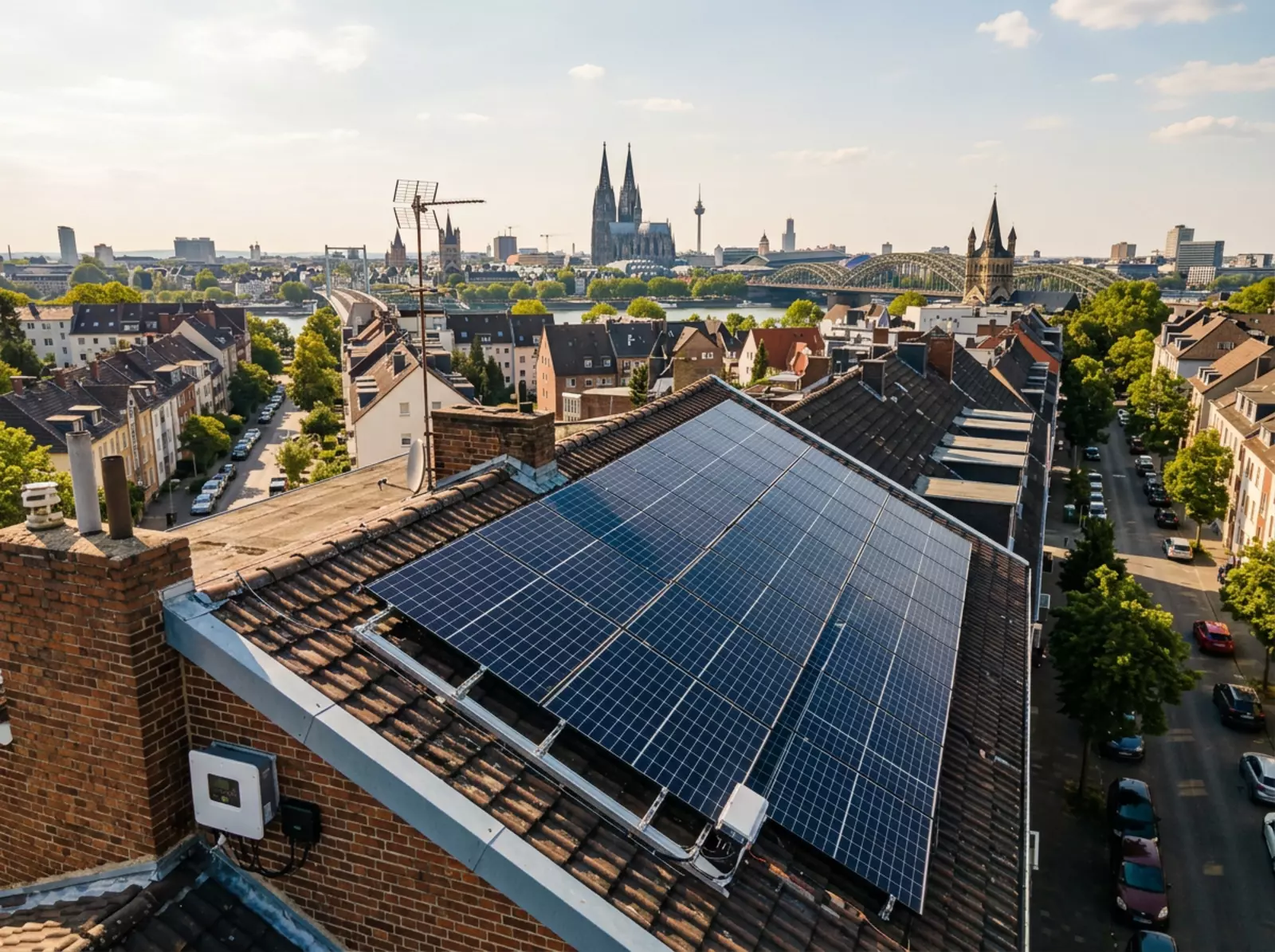 PV-Anlage auf Kölner Dächern, Drohnenperspektive, Skyline Köln im Hintergrund