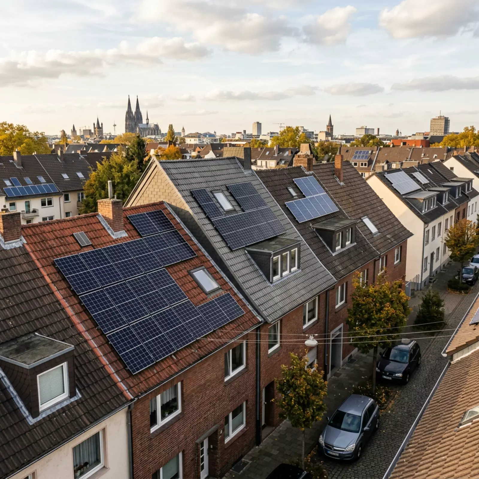 Kölner Wohnhäuser mit Photovoltaikanlagen auf unterschiedlichen Dächern, Drohnenperspektive