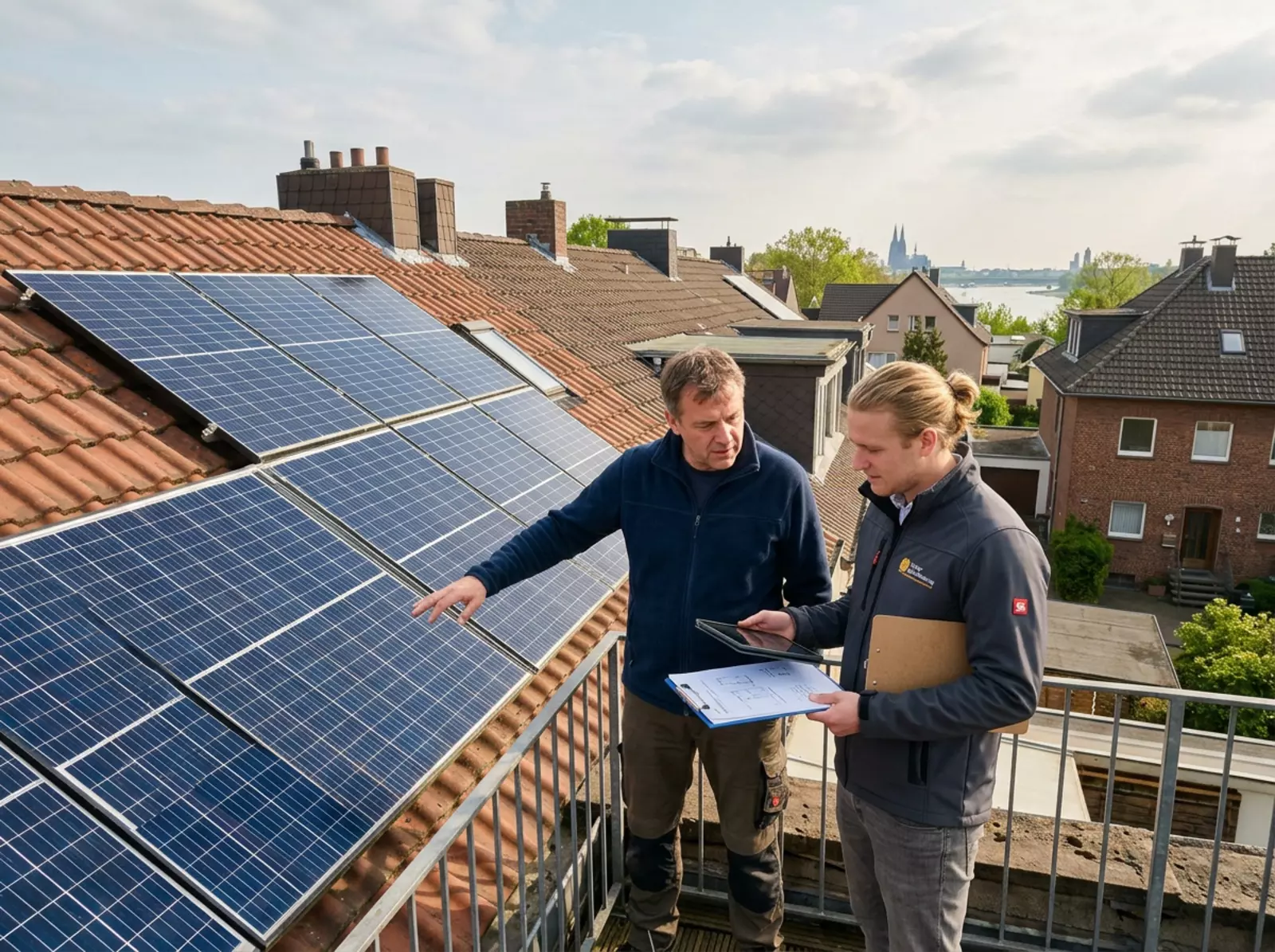 Kölner Wohnhausdach mit Solarmodulen, Drohnenperspektive, warmes Tageslicht, keine Personen