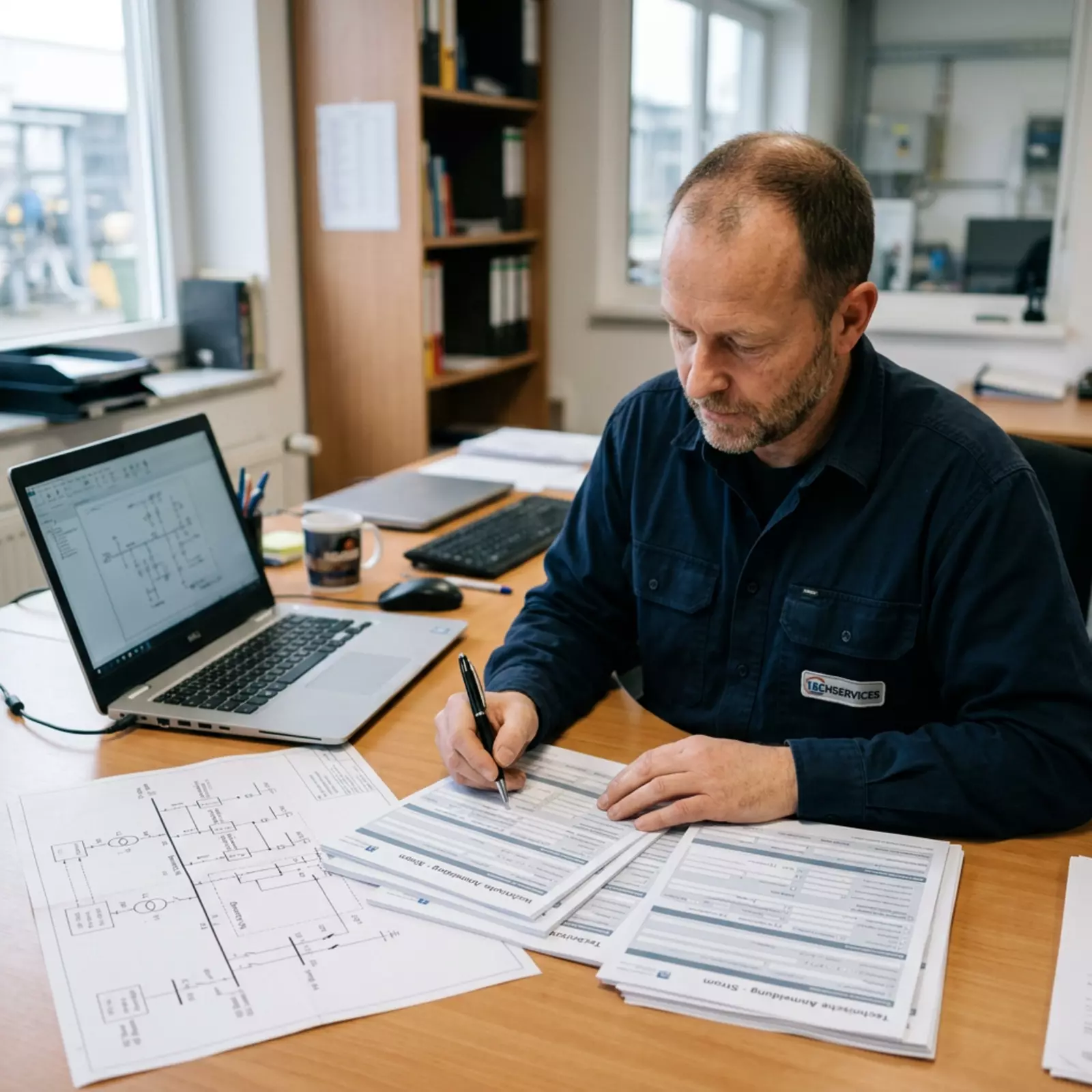 Techniker am Schreibtisch füllt Anmeldeformulare aus, mit Laptop und Netzanschlussplan