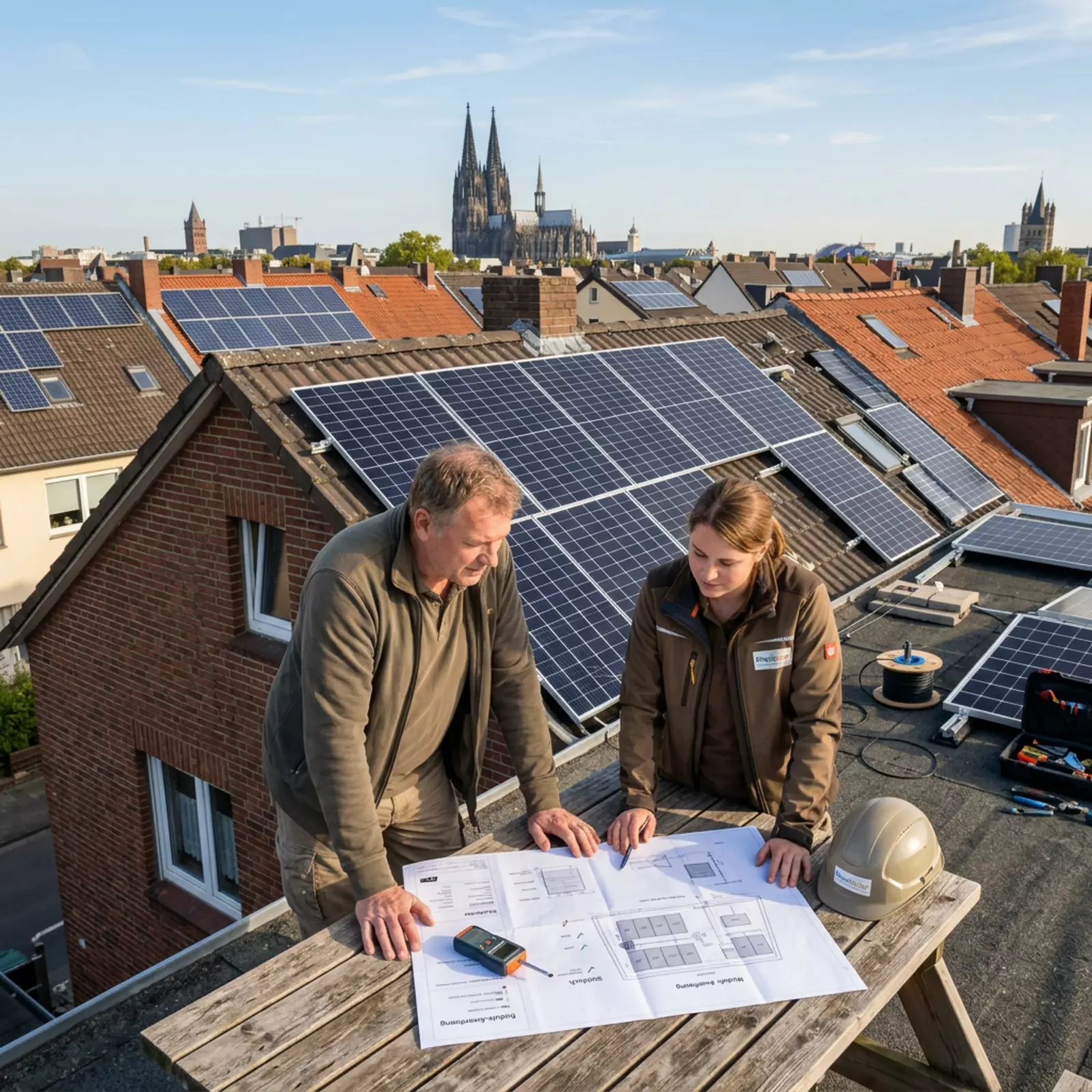 Drohnenaufnahme: Photovoltaikanlagen auf Kölner Wohnhausdächern bei Tageslicht.