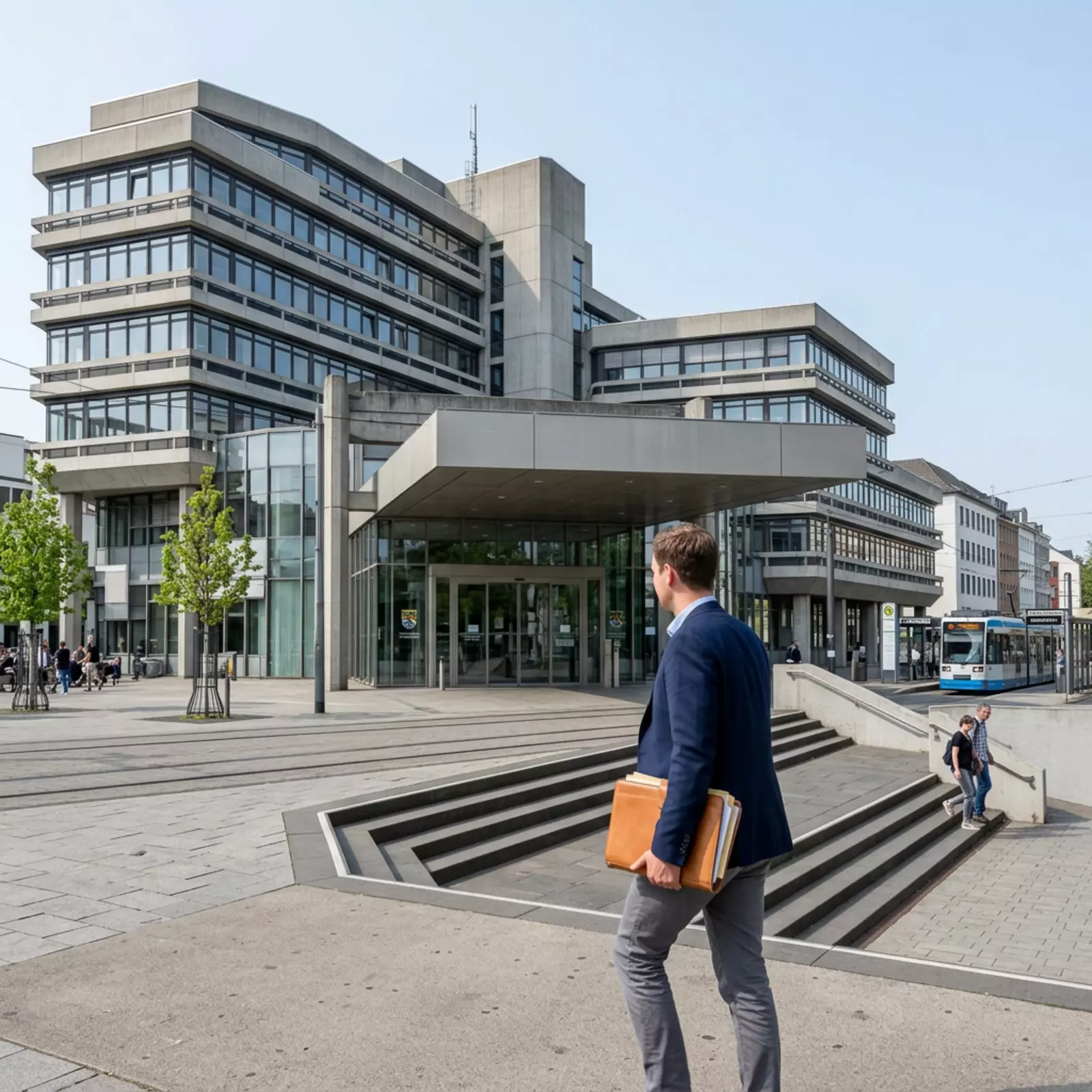 Ein Mann mit Akten geht vor einem modernen Verwaltungsgebäude in Bonn über den Platz, nebenan fährt eine Straßenbahn.