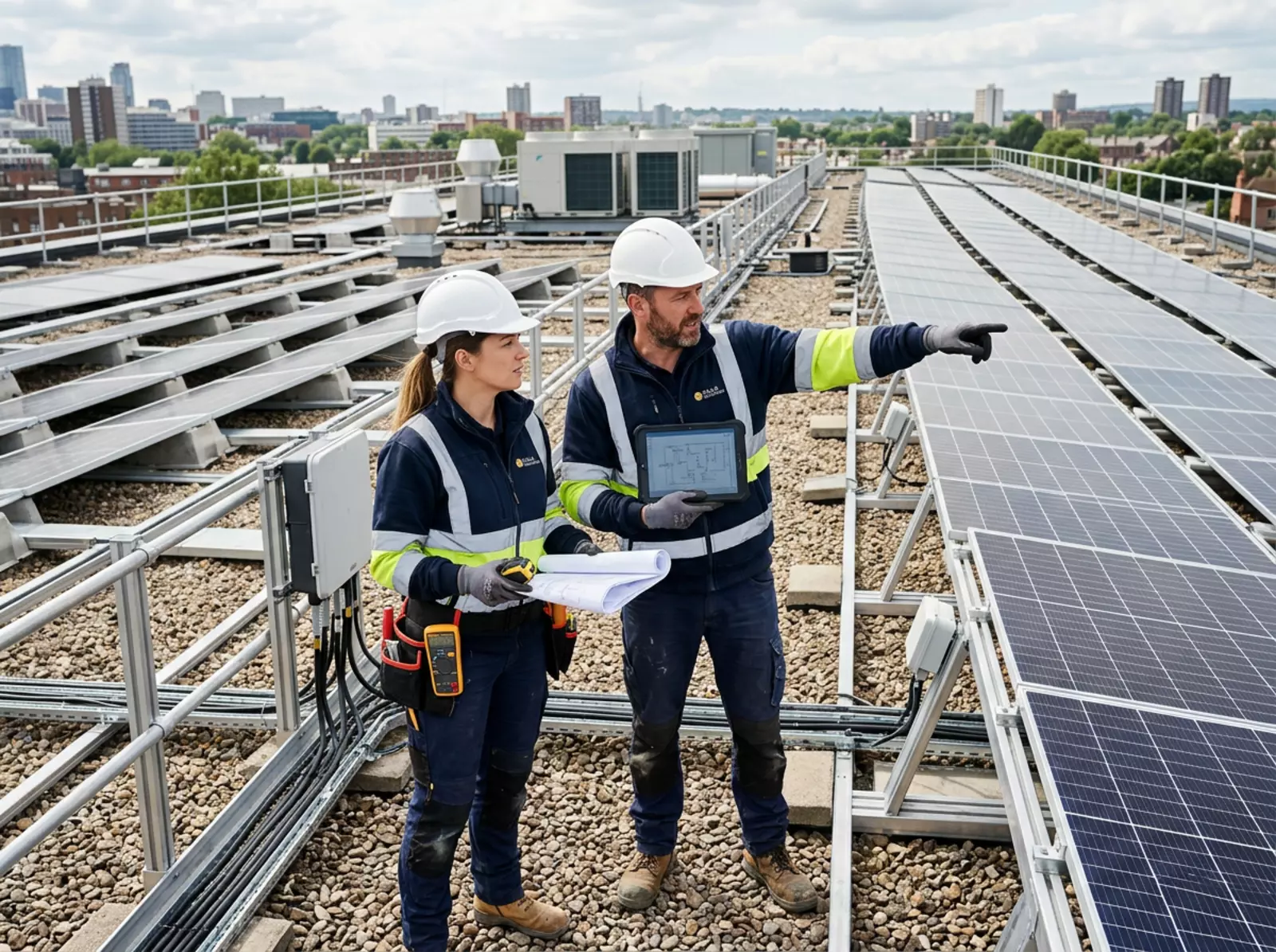 Zwei Fachkräfte prüfen die Solaranlage Bonn auf einem Flachdach mit Tablet, Messgerät und Plänen.