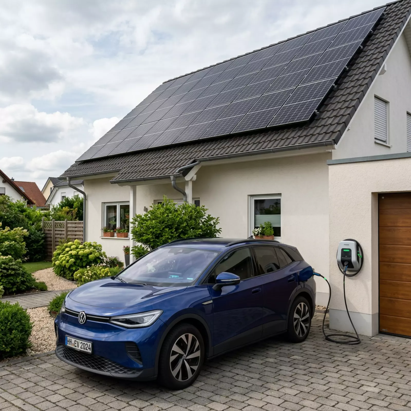 Elektroauto lädt an einer Wallbox am Haus, auf dem Dach sind Solarmodule zu sehen