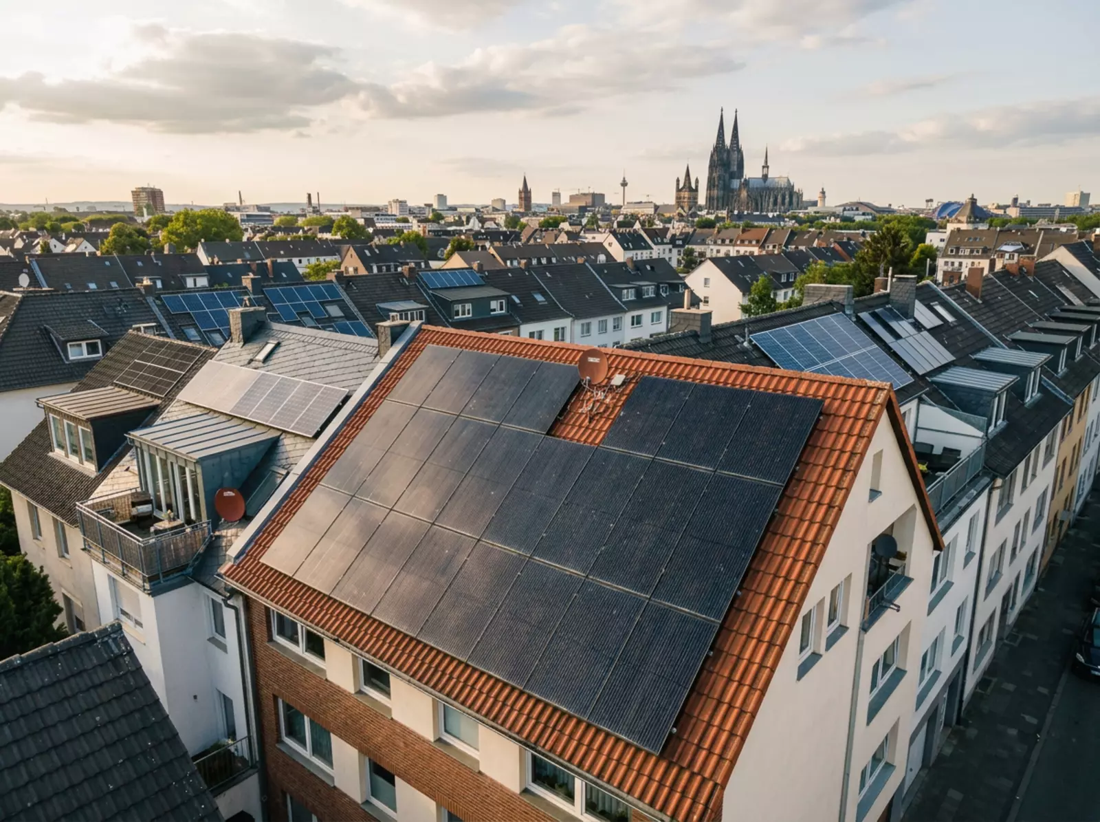 Solaranlagen auf Kölner Wohnhäuserdächern, Drohnenperspektive mit Skyline im Hintergrund.