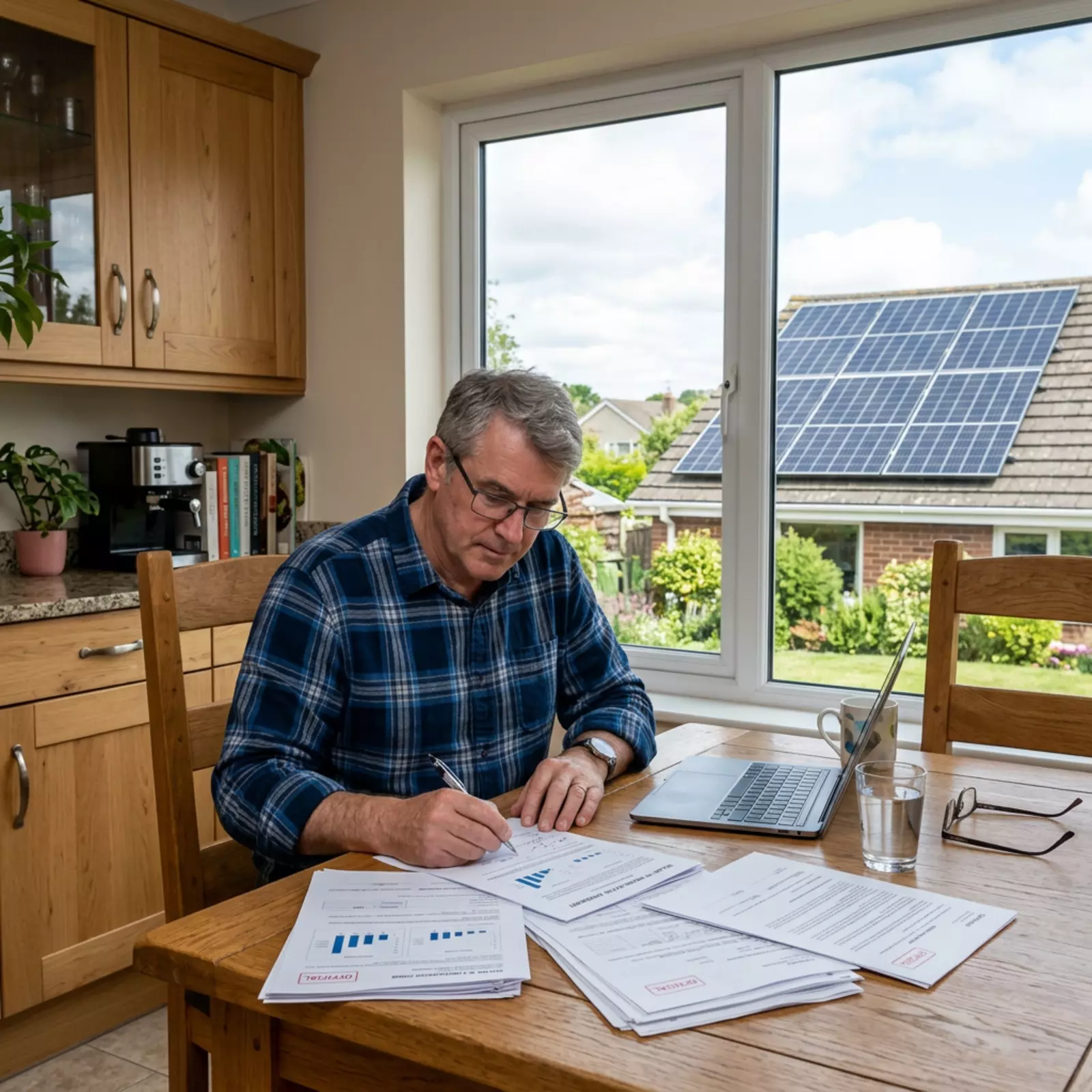 Hausbesitzer prüft Dokumente am Küchentisch, im Fenster Solaranlage auf dem Dach sichtbar