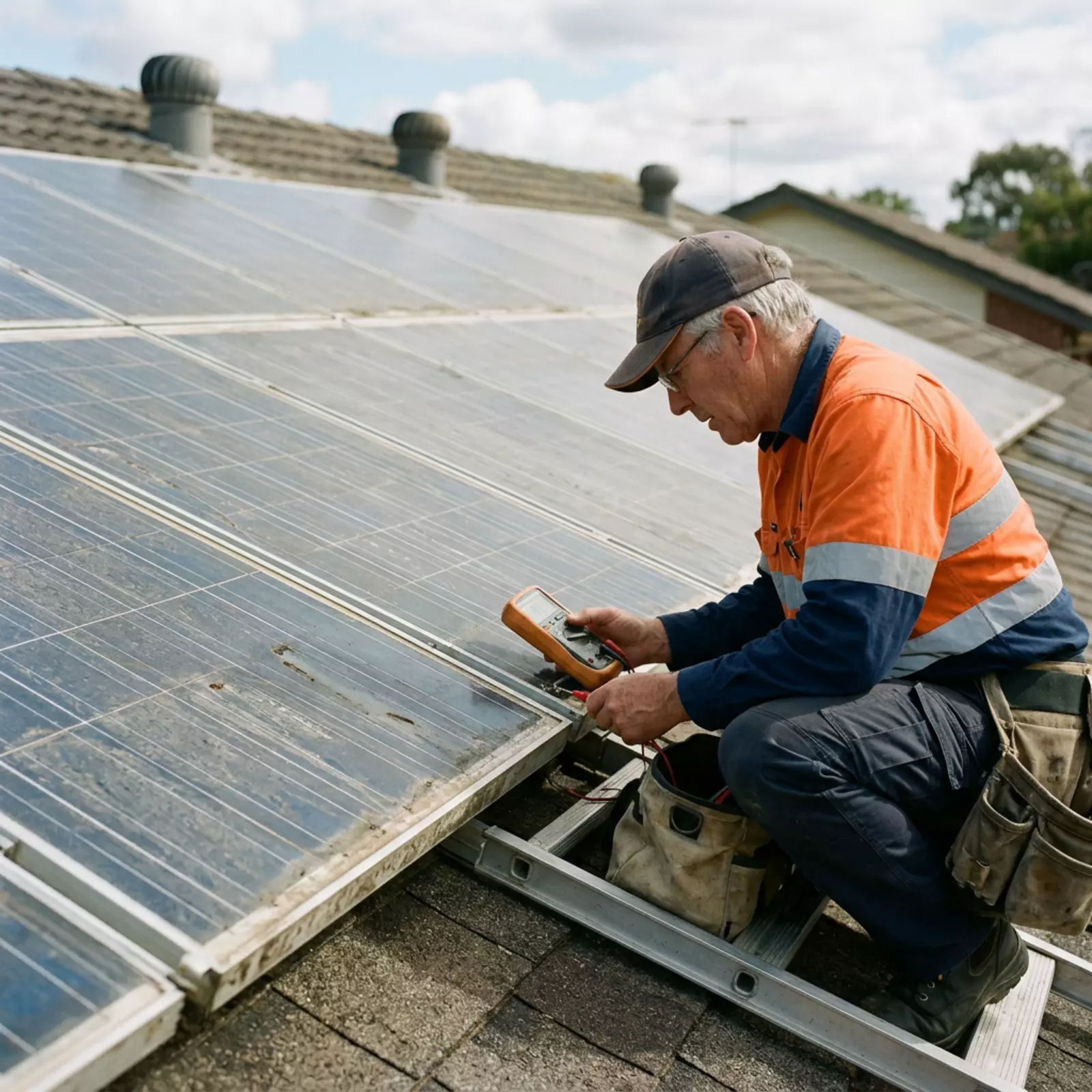 Ein Techniker prüft auf einem Hausdach mit einem Messgerät ältere, verschmutzte Solarmodule.
