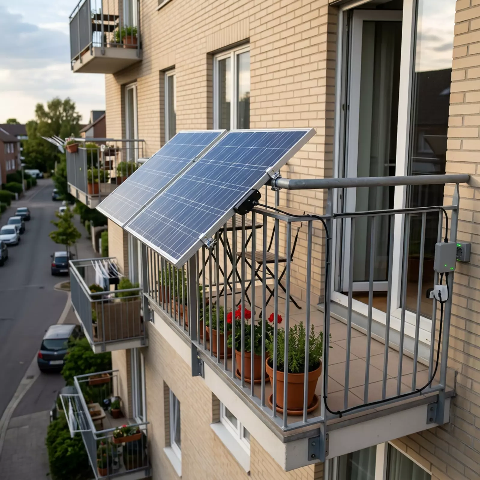 Zwei Solarmodule hängen schräg am Balkongeländer eines Mehrfamilienhauses, darunter liegen bepflanzte Balkone.