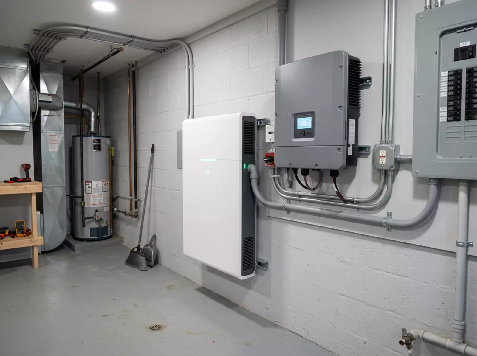 Wandmontierter Heimbatteriespeicher mit Wechselrichter in einem sauberen Hauswirtschaftsraum