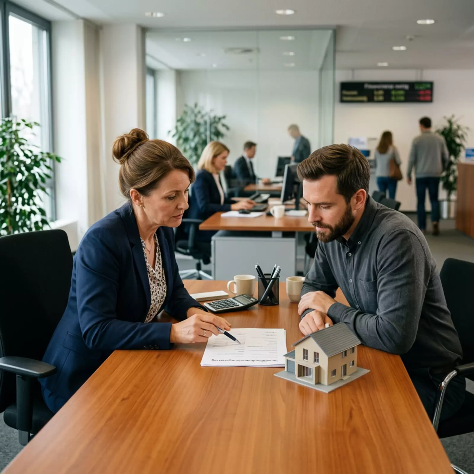 Eine Beraterin bespricht mit einem Mann Unterlagen und Kosten an einem Tisch mit Hausmodell und Taschenrechner.