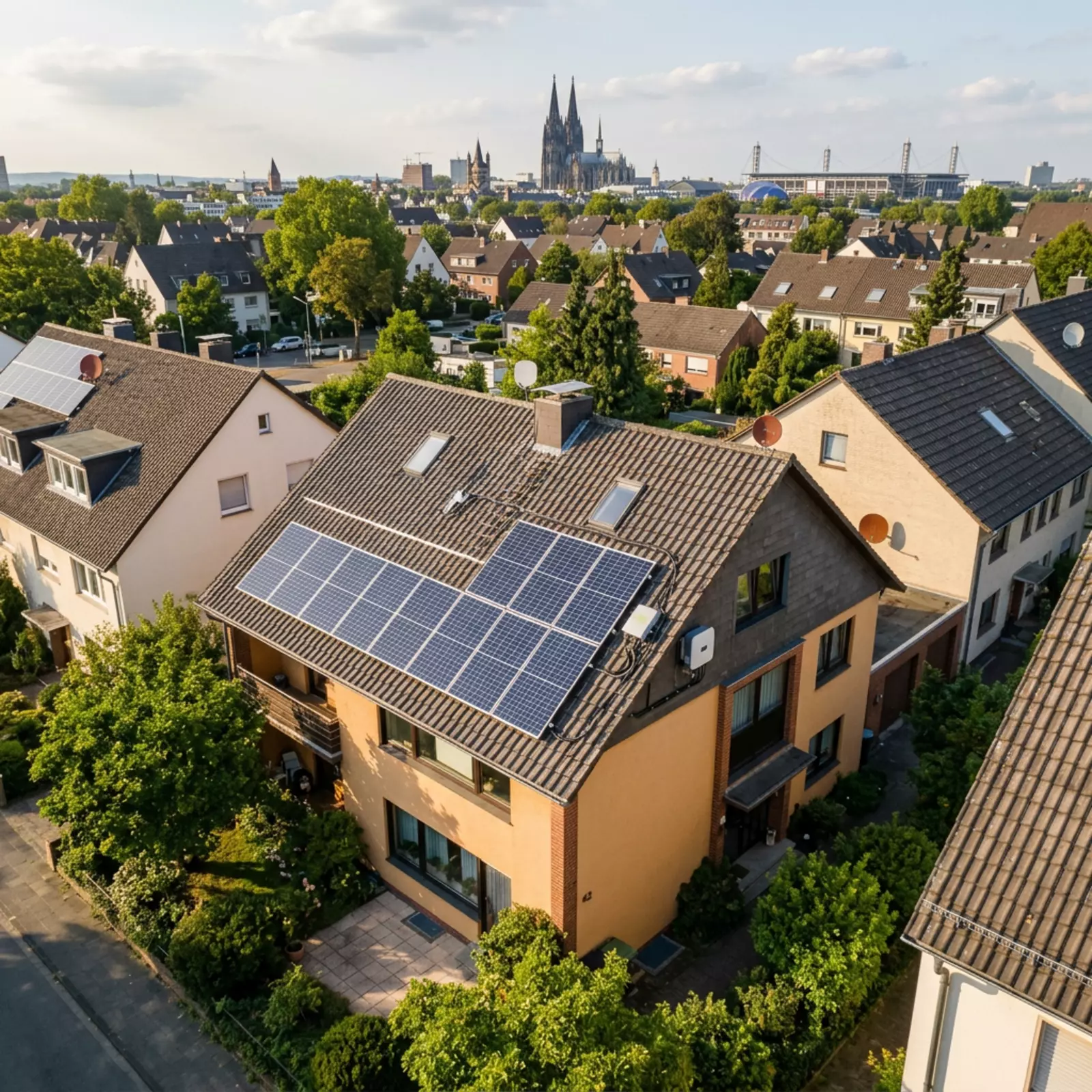 Kölner Einfamilienhaus mit Photovoltaik-Dachanlage, Drohnenperspektive, warmes Licht.