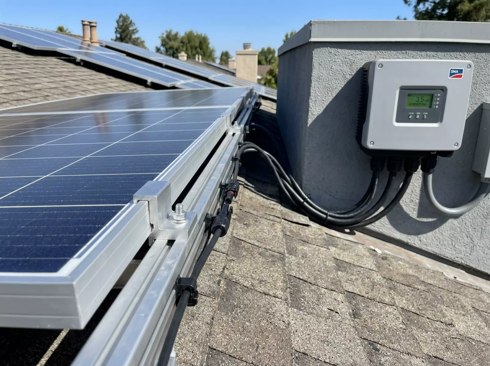Eine Solaranlage mit mehreren Modulen, Montageschienen und Kabeln ist auf einem Schrägdach mit SMA-Wechselrichter zu sehen.