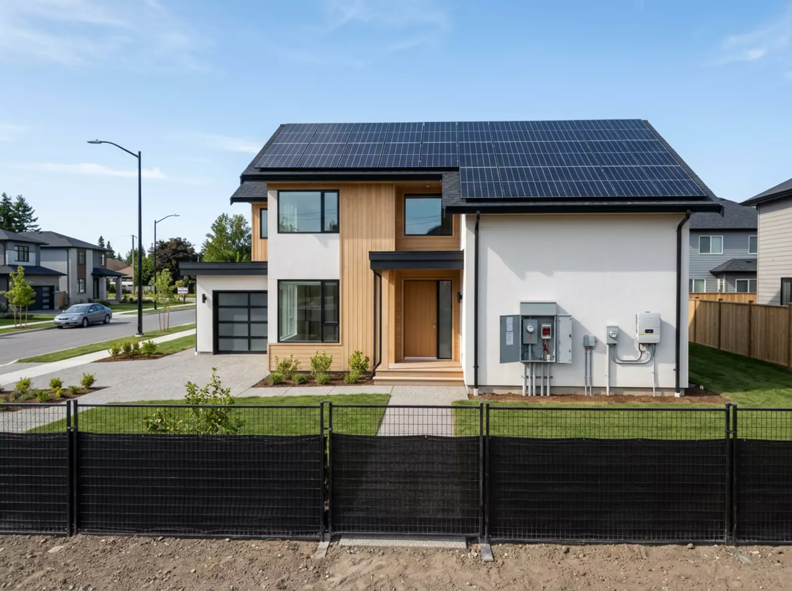 Eine große Solaranlage bedeckt das Dach eines modernen Einfamilienhauses; an der Fassade sind Zähler sichtbar.
