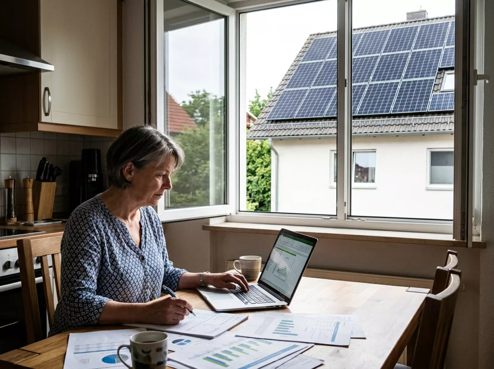Eine Frau prüft am Laptop Förderunterlagen, während draußen eine Solaranlage auf einem Hausdach sichtbar ist.