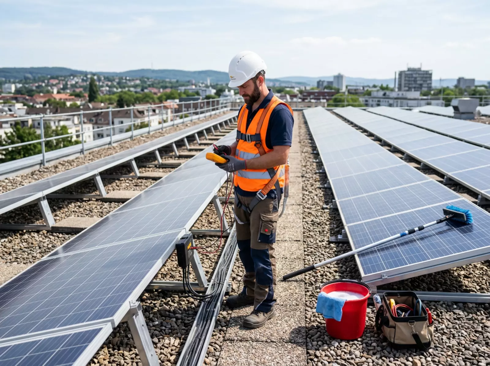 Ein Techniker prüft auf einem Flachdach Solarmodule mit einem Messgerät; daneben stehen Eimer und Werkzeugtasche.