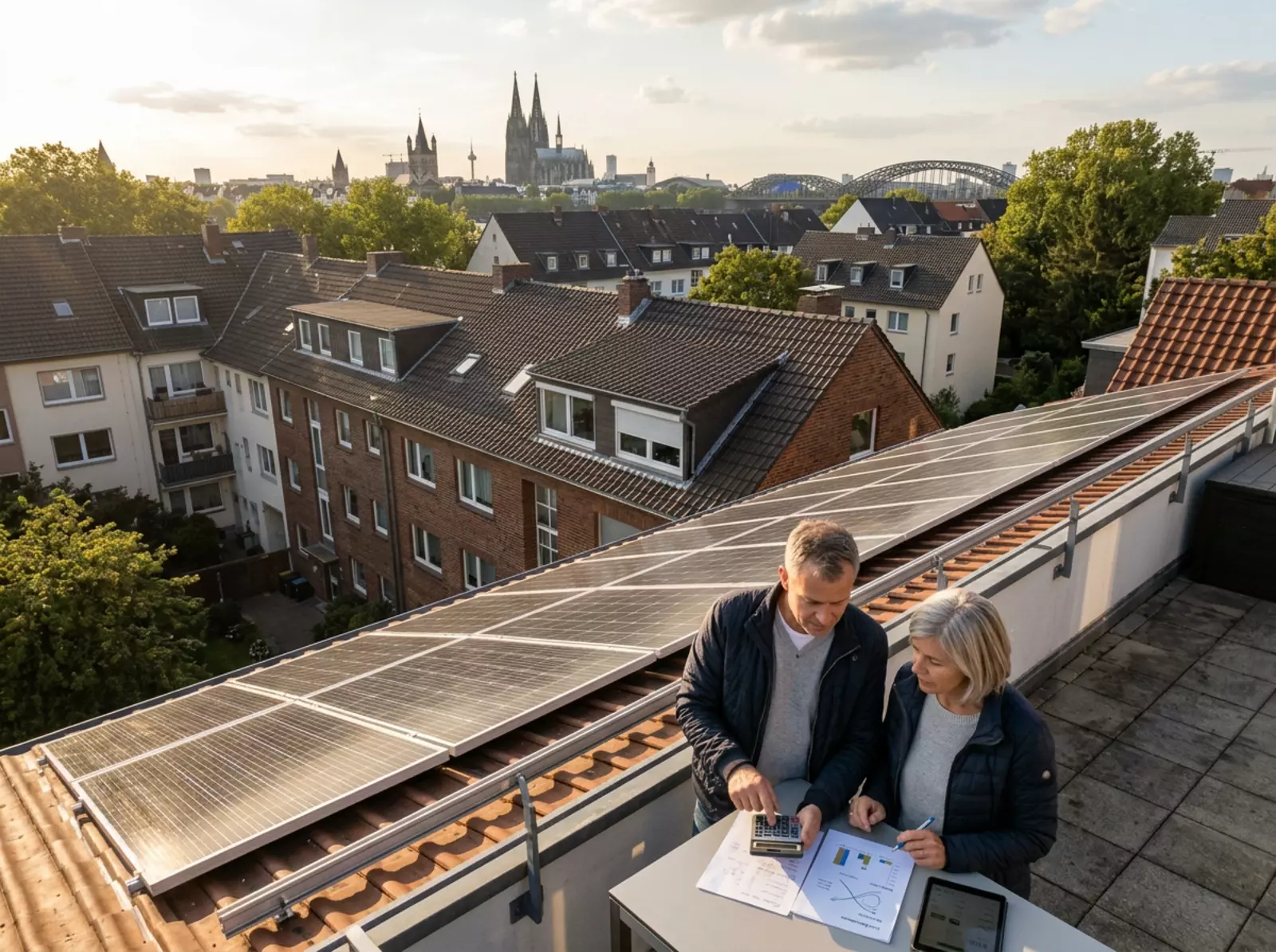 Kölner Wohnhäuser mit Solaranlagen auf Dächern, Drohnenblick, warmes Licht, keine Personen