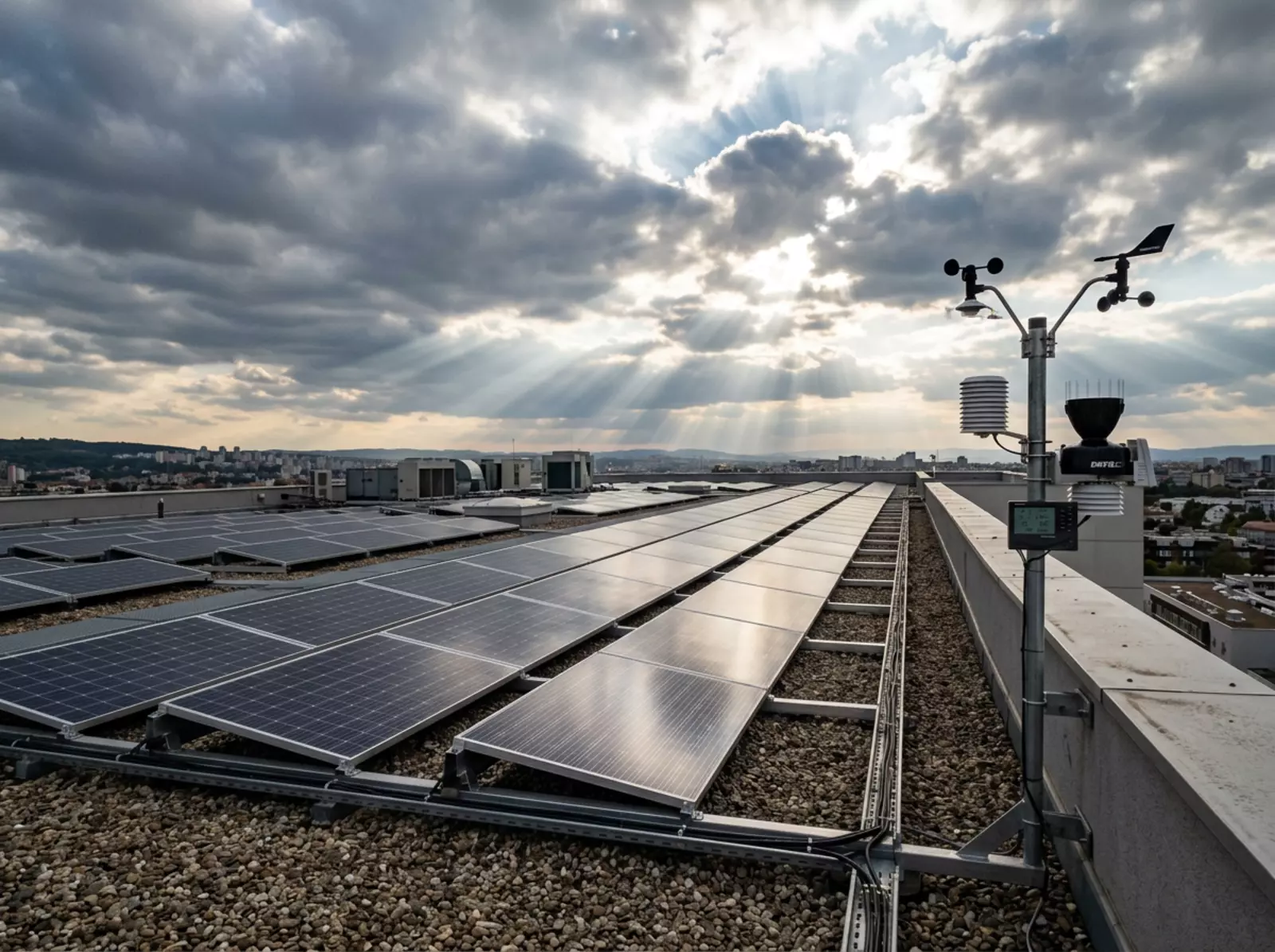 Auf einem Flachdach in Bonn stehen Reihen von Solarmodulen; daneben misst eine Wetterstation die Einstrahlung.