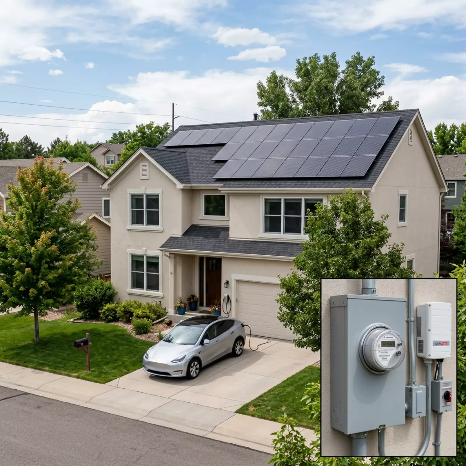 Eine Solaranlage in Bonn bedeckt das Dach eines Einfamilienhauses; davor steht ein E-Auto, rechts sind Stromzähler.