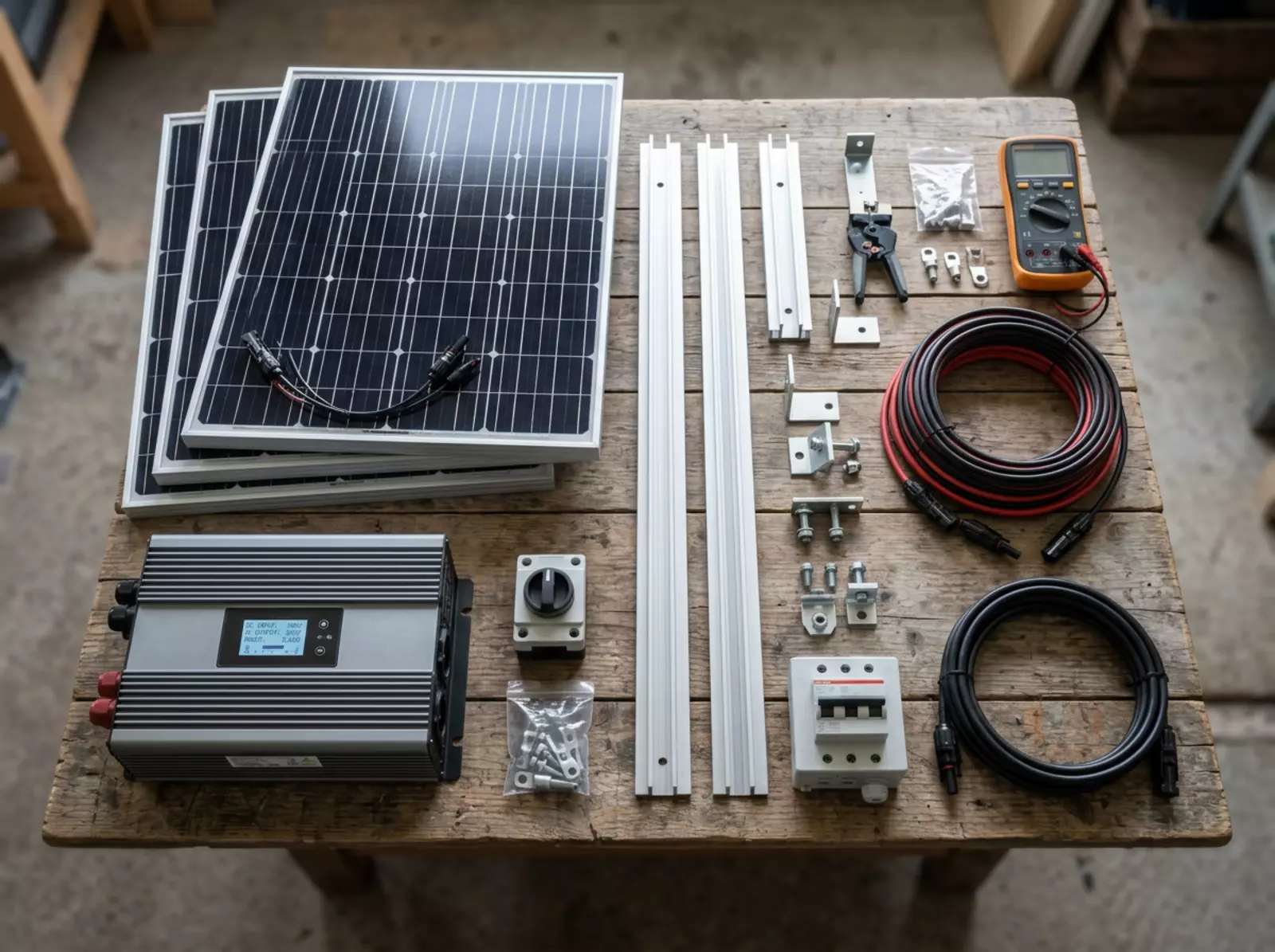 Solaranlagen-Komponenten flach angeordnet: Panels, Wechselrichter, Montageschienen und Kabel