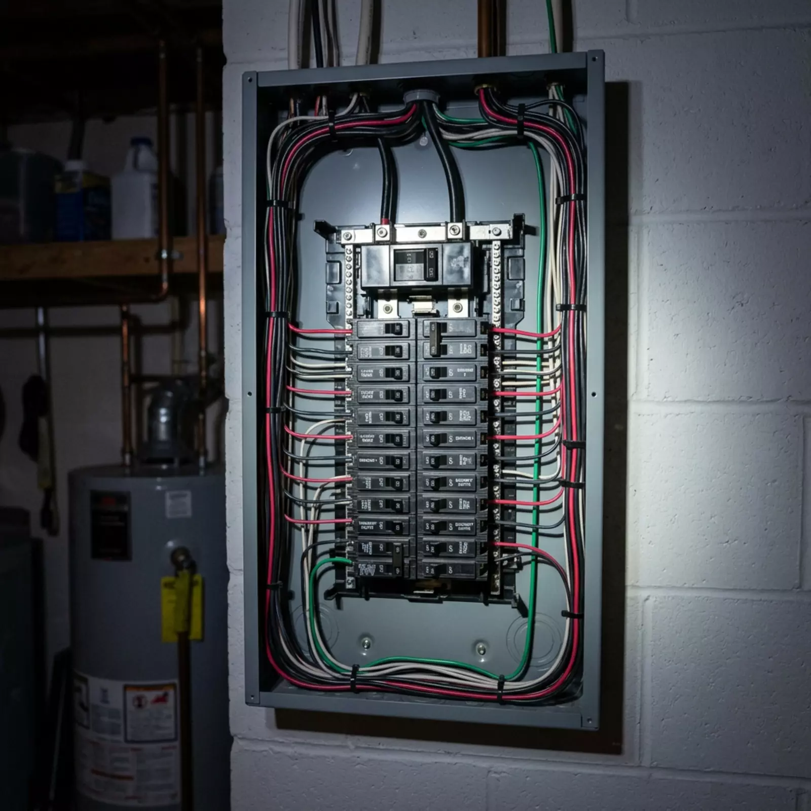 Elektrischer Sicherungskasten mit Schaltern und geordneten Kabeln im Hauswirtschaftsraum