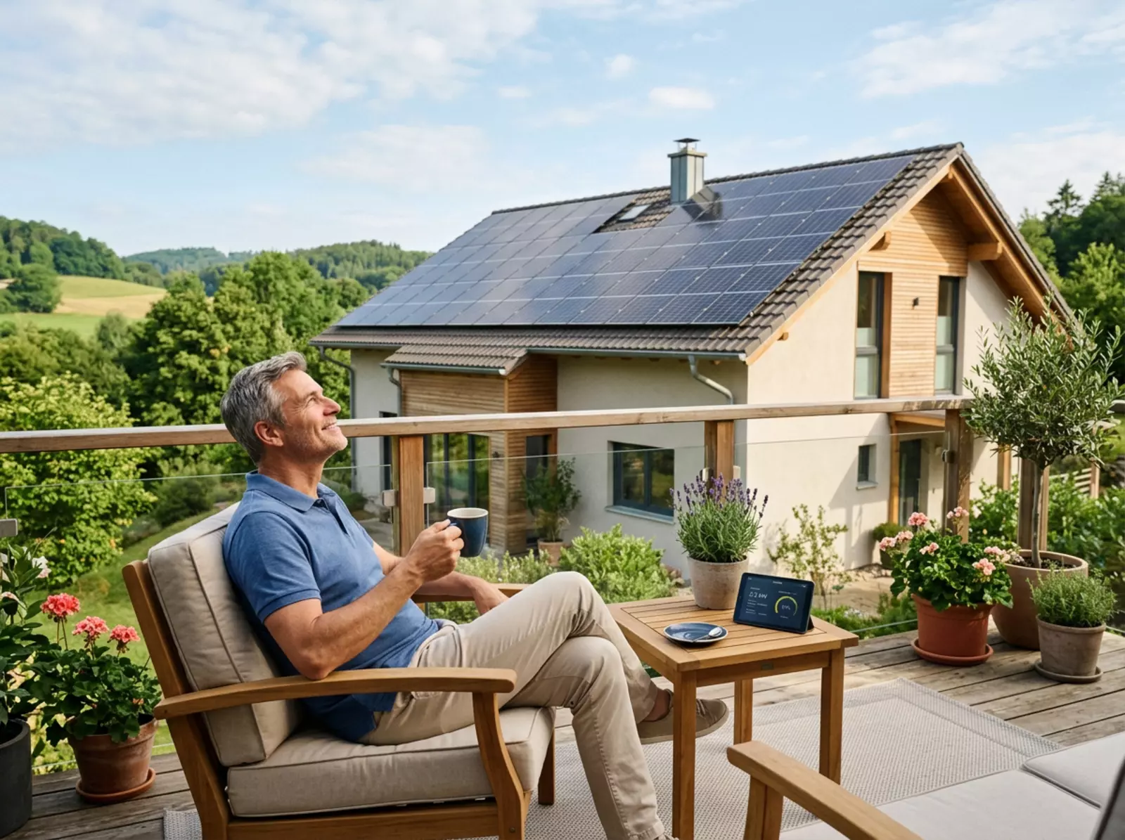 Ein Mann sitzt mit einer Kaffeetasse auf der Terrasse; dahinter steht ein Haus mit Solarmodulen.