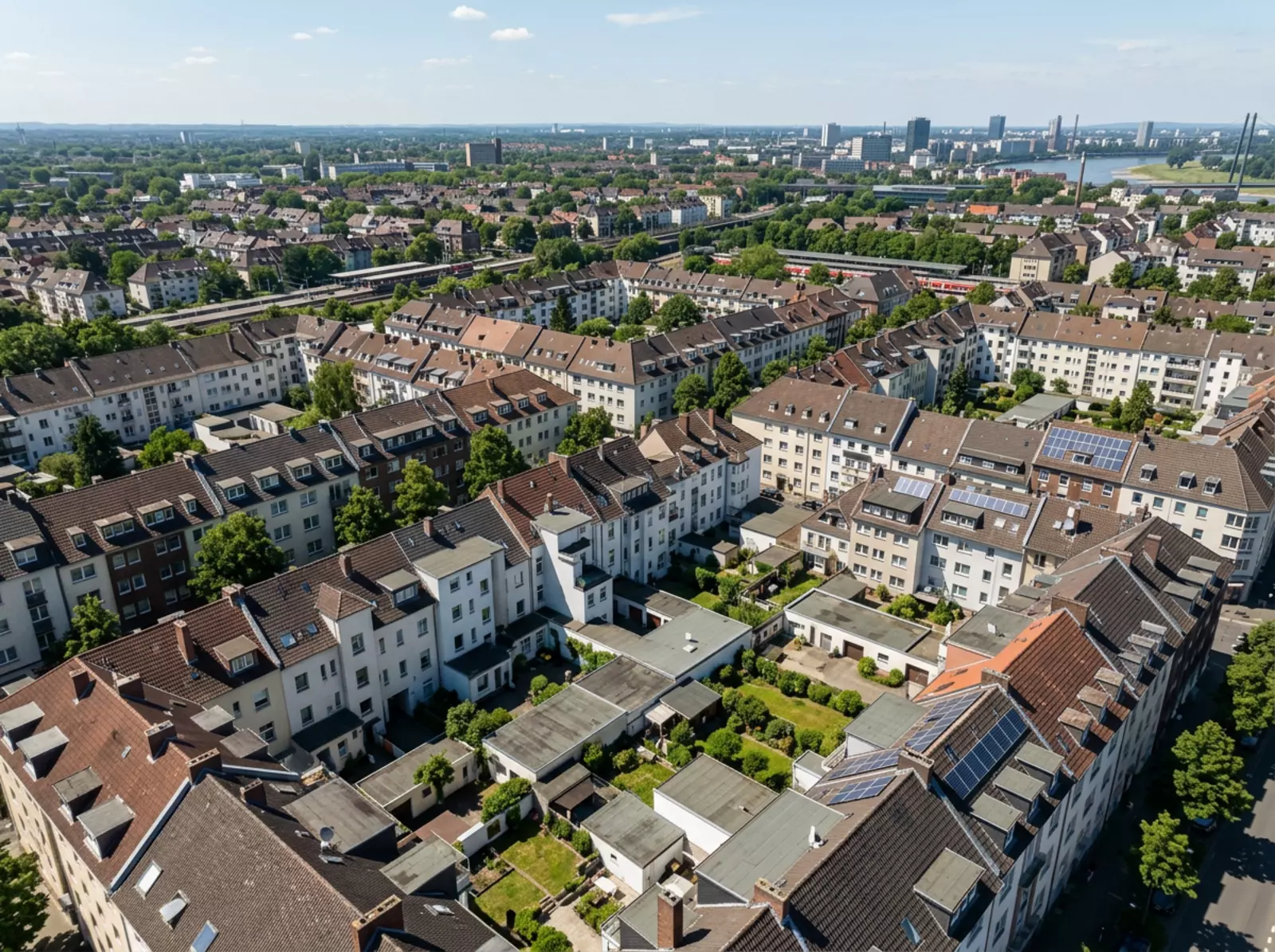 Luftaufnahme eines Düsseldorfer Wohnviertels mit Dächern in verschiedenen Ausrichtungen bei Sonne