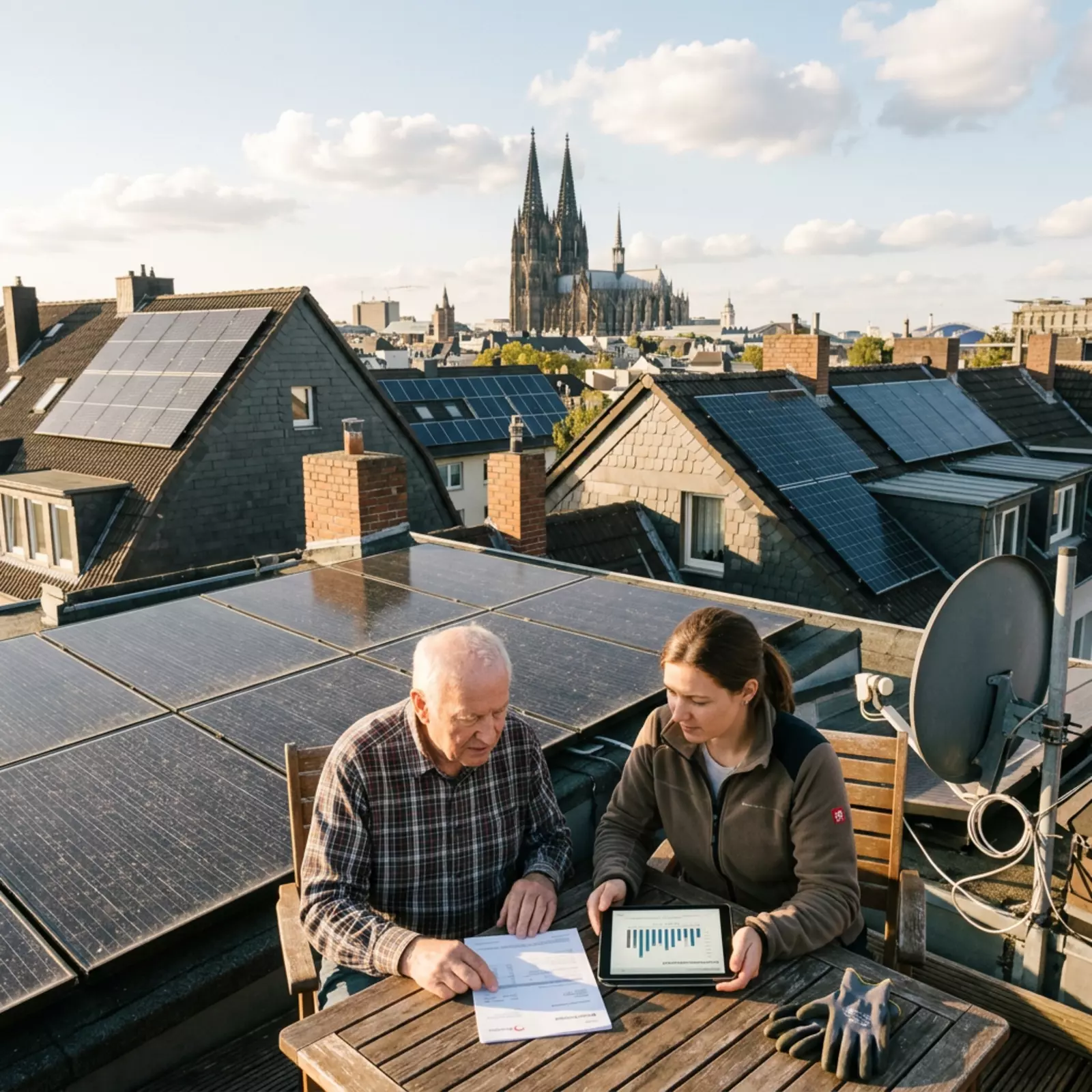Drohnenaufnahme: Photovoltaikanlagen in Köln, Hausbesitzer und Energieberater prüfen Stromrechnung.