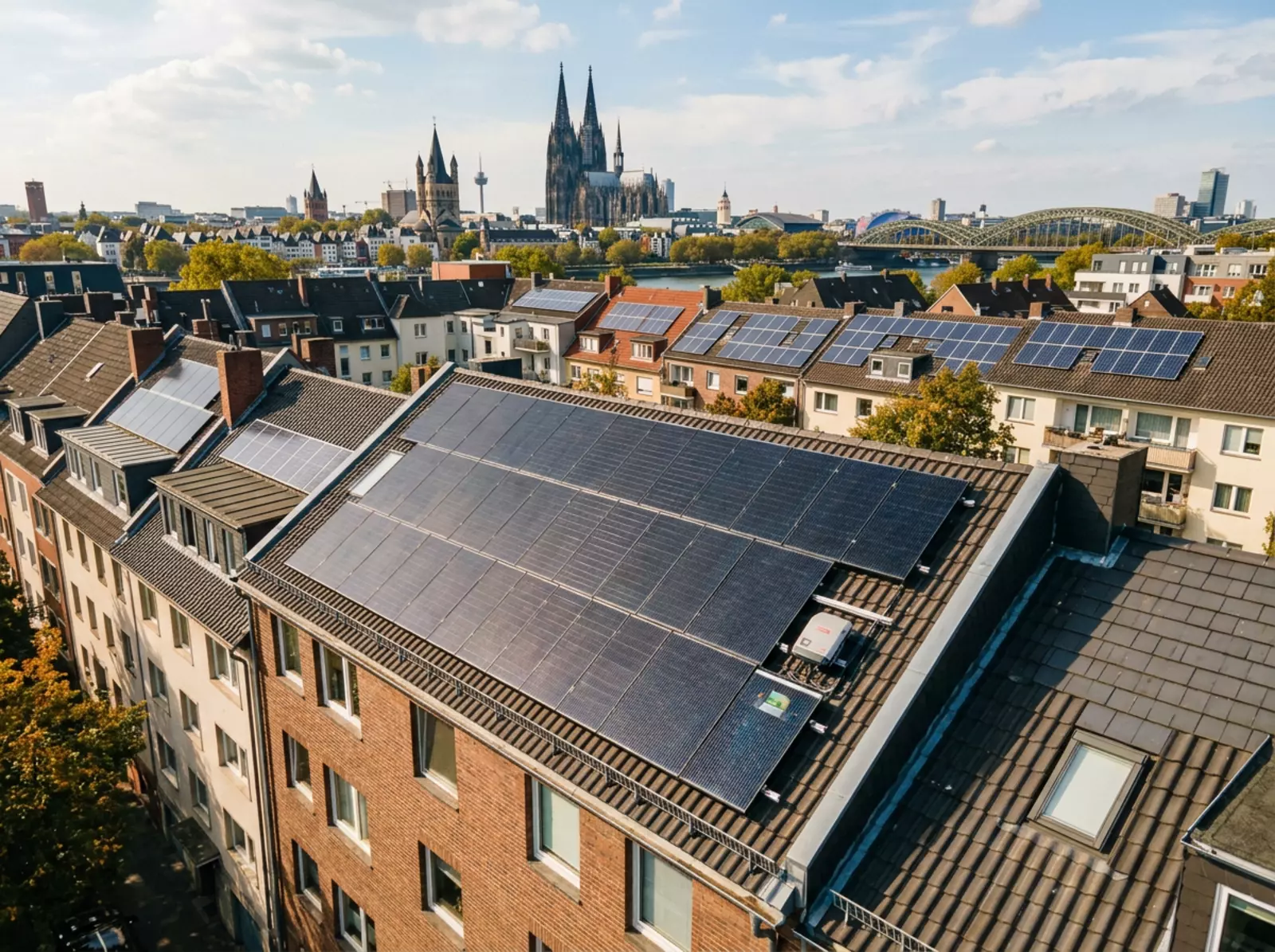Solaranlagen auf Kölner Wohnhäusern, Drohnenperspektive, Skyline Köln im Hintergrund, warmes Licht