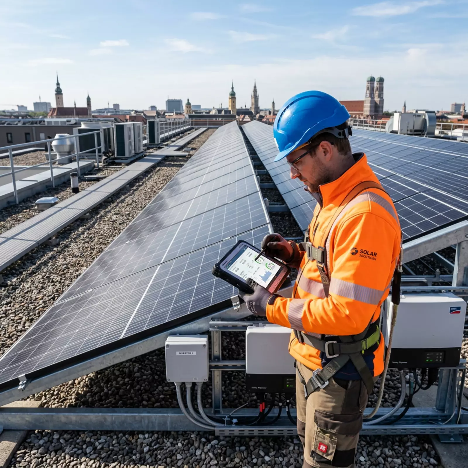 Techniker prüft mit Tablet die Leistungsdaten einer Solaranlage auf einem Dach