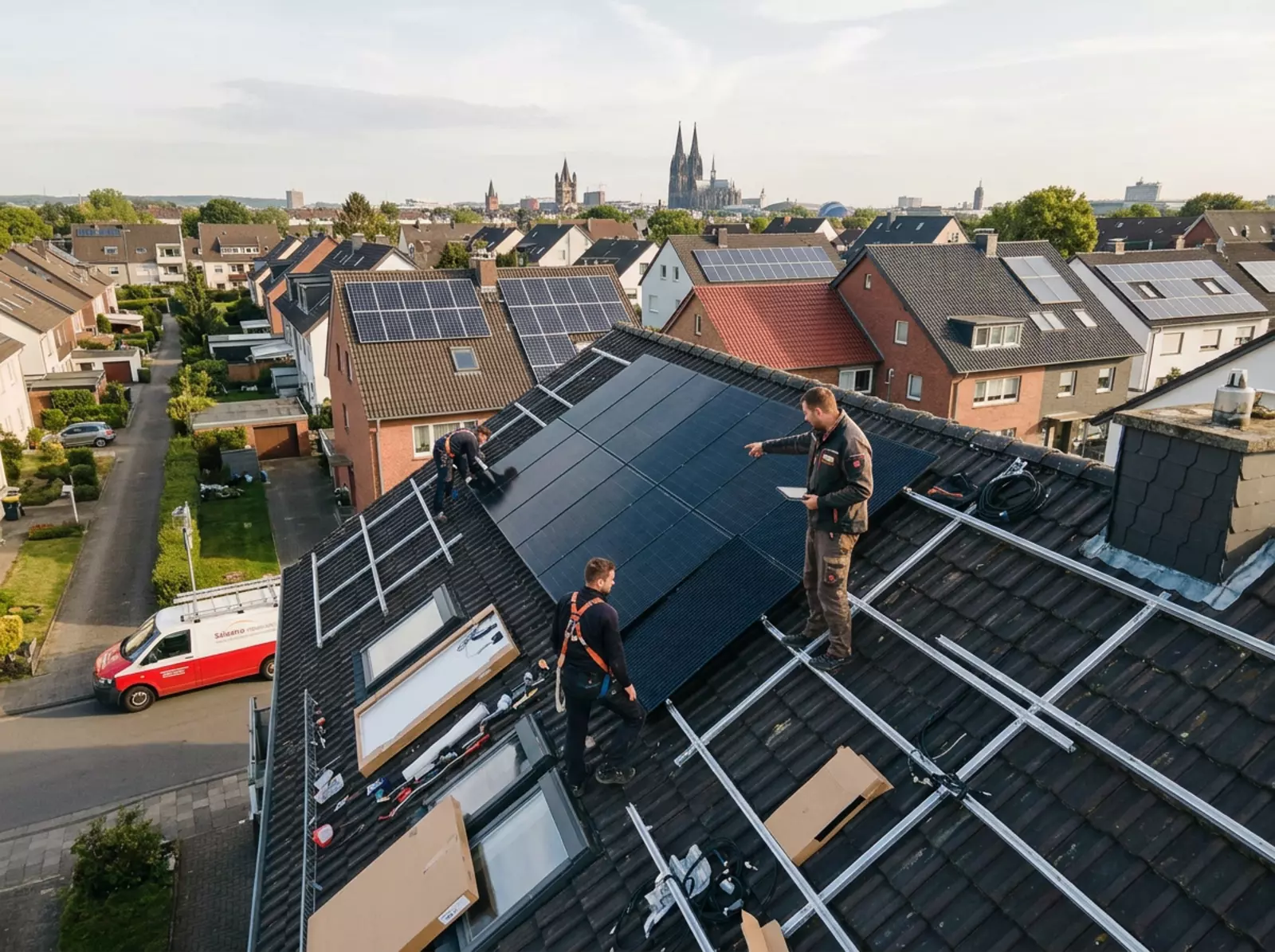 Photovoltaikanlagen auf Kölner Wohnhausdächern aus Drohnenperspektive bei Tageslicht.