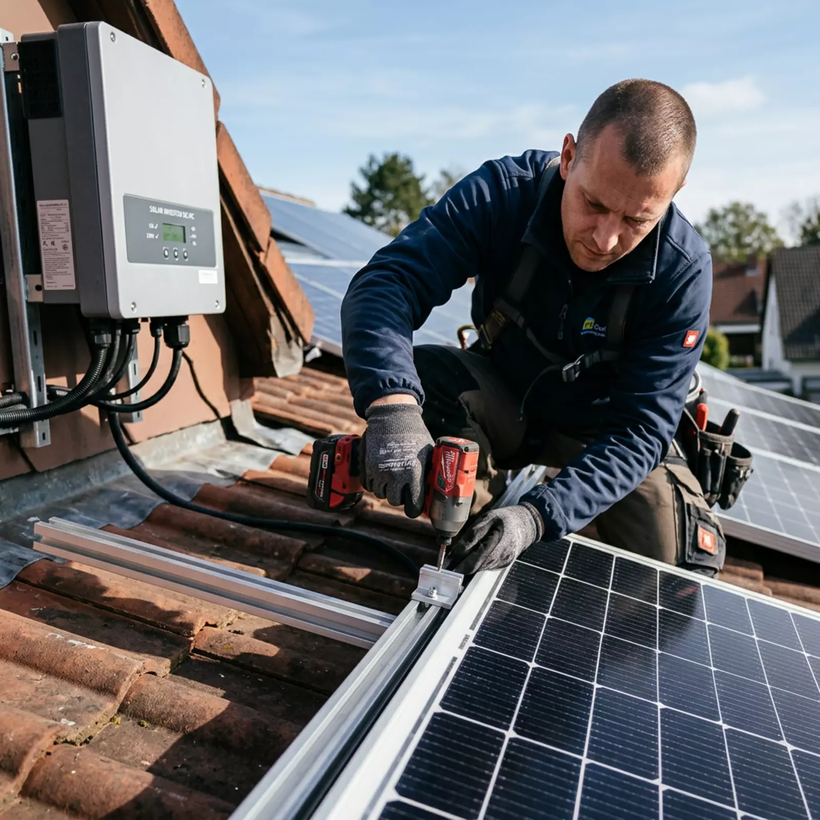Techniker montiert monokristallines Solarmodul auf Dachschiene, Wechselrichter daneben