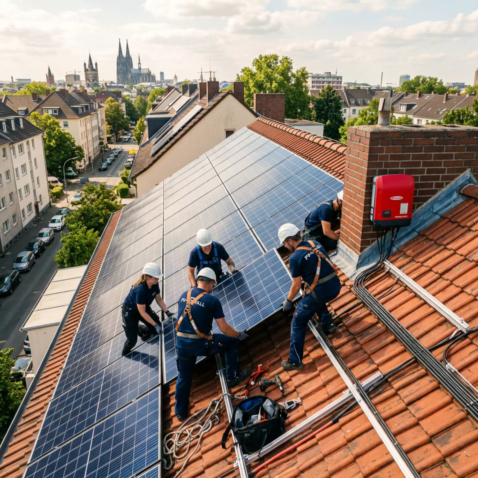 Drohnenaufnahme: Photovoltaikanlagen auf Kölner Wohnhausdächern, Kabel zum Wechselrichter sichtbar