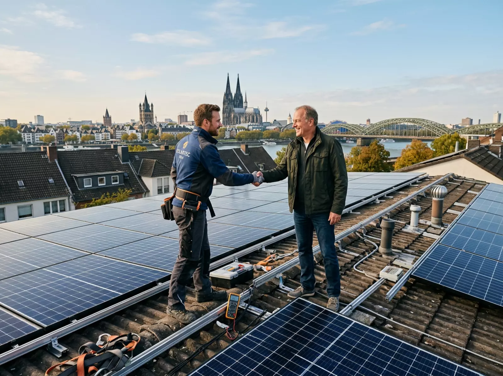 Solarinstallateur schüttelt einem Hausbesitzer auf dem Dach die Hand; Kölner Skyline im Hintergrund.