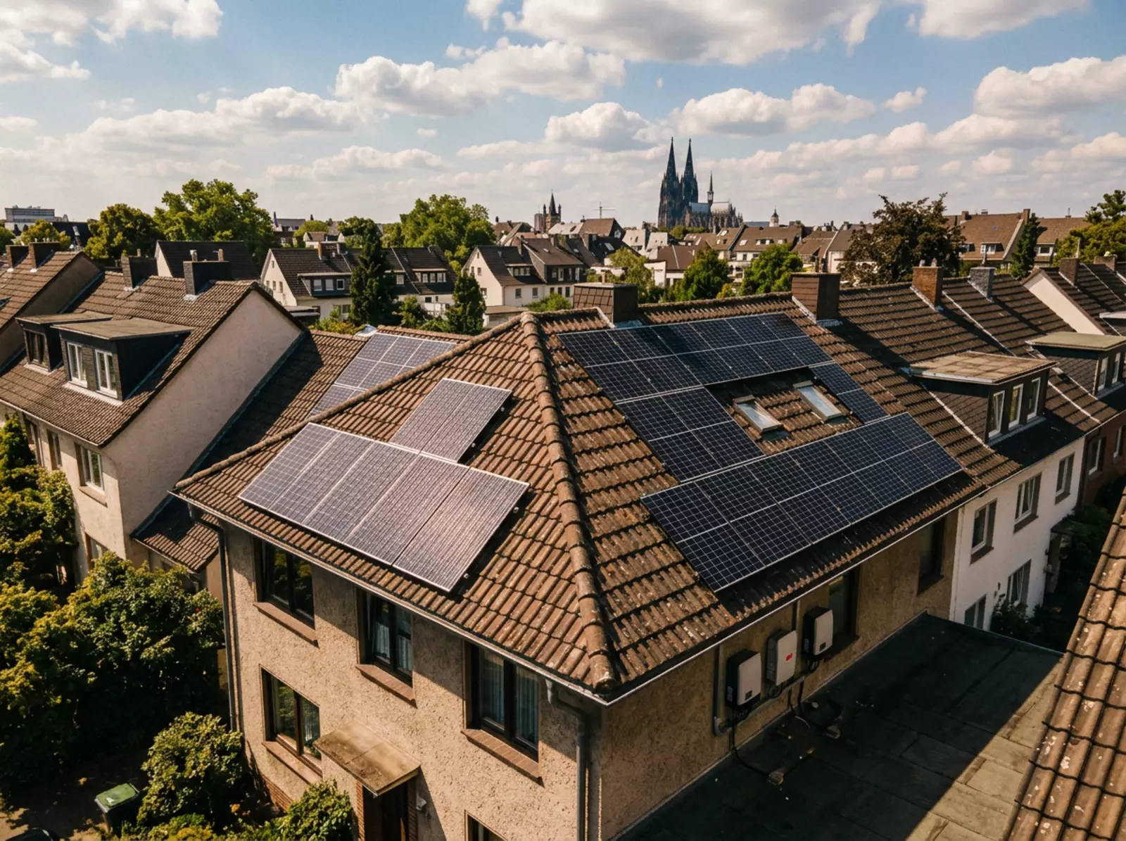Photovoltaik-Anlage auf Kölner Wohnhausdach bei Tageslicht, Drohnenperspektive
