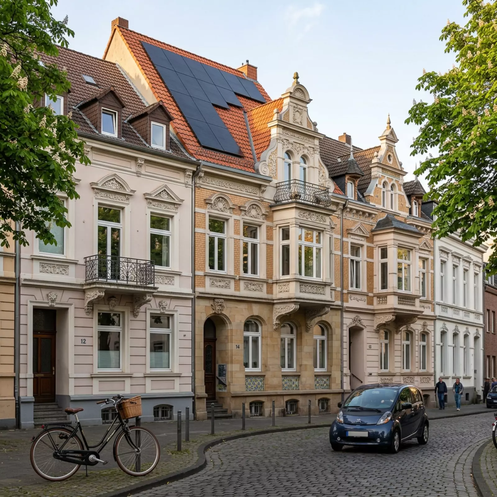 Verzierte Altbauten mit Erkern und Balkonen säumen eine enge Kopfsteinpflasterstraße; Solarmodule bedecken ein Ziegeldach.