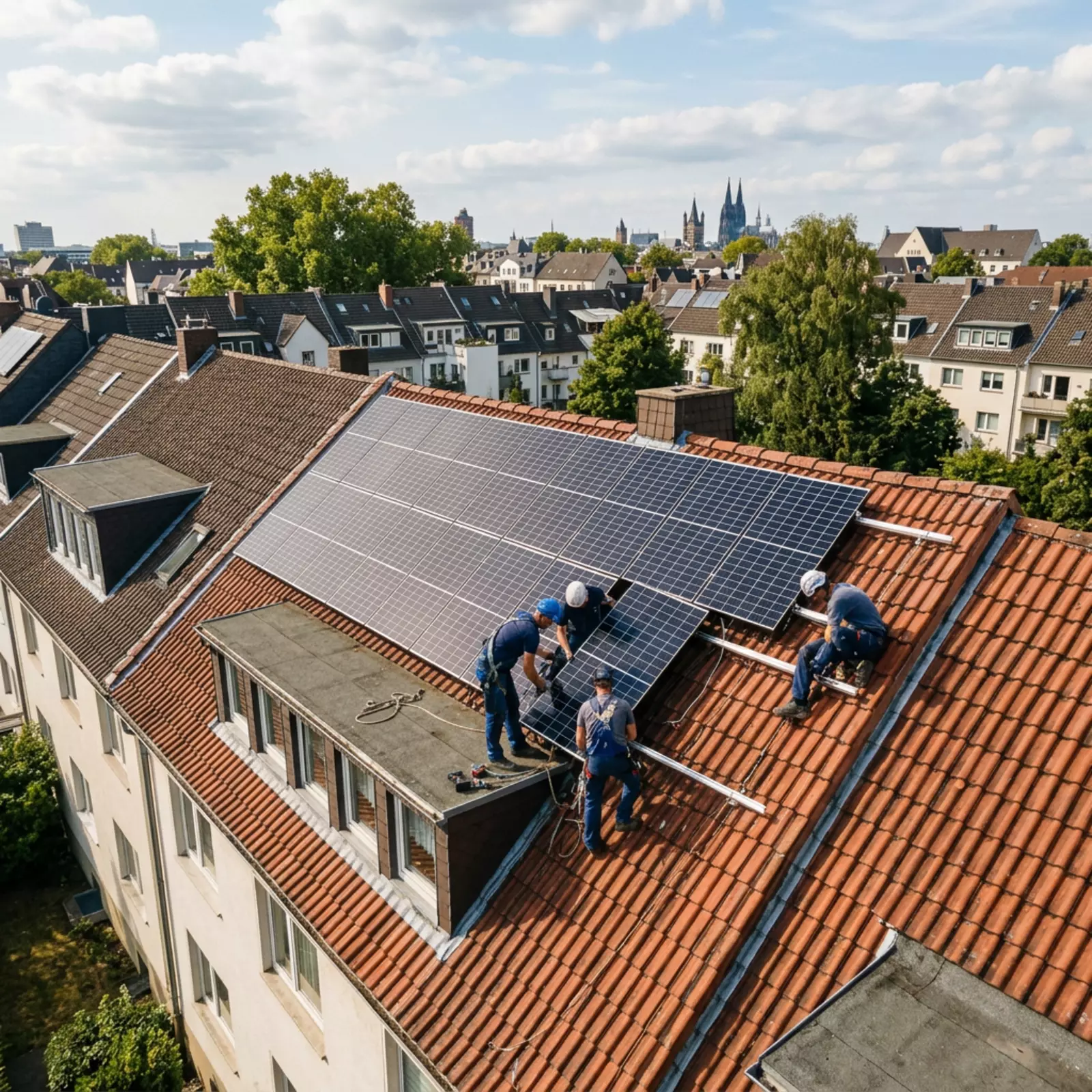 Photovoltaik-Module auf Kölner Wohnhausdächern, Drohnenperspektive, warmes Licht