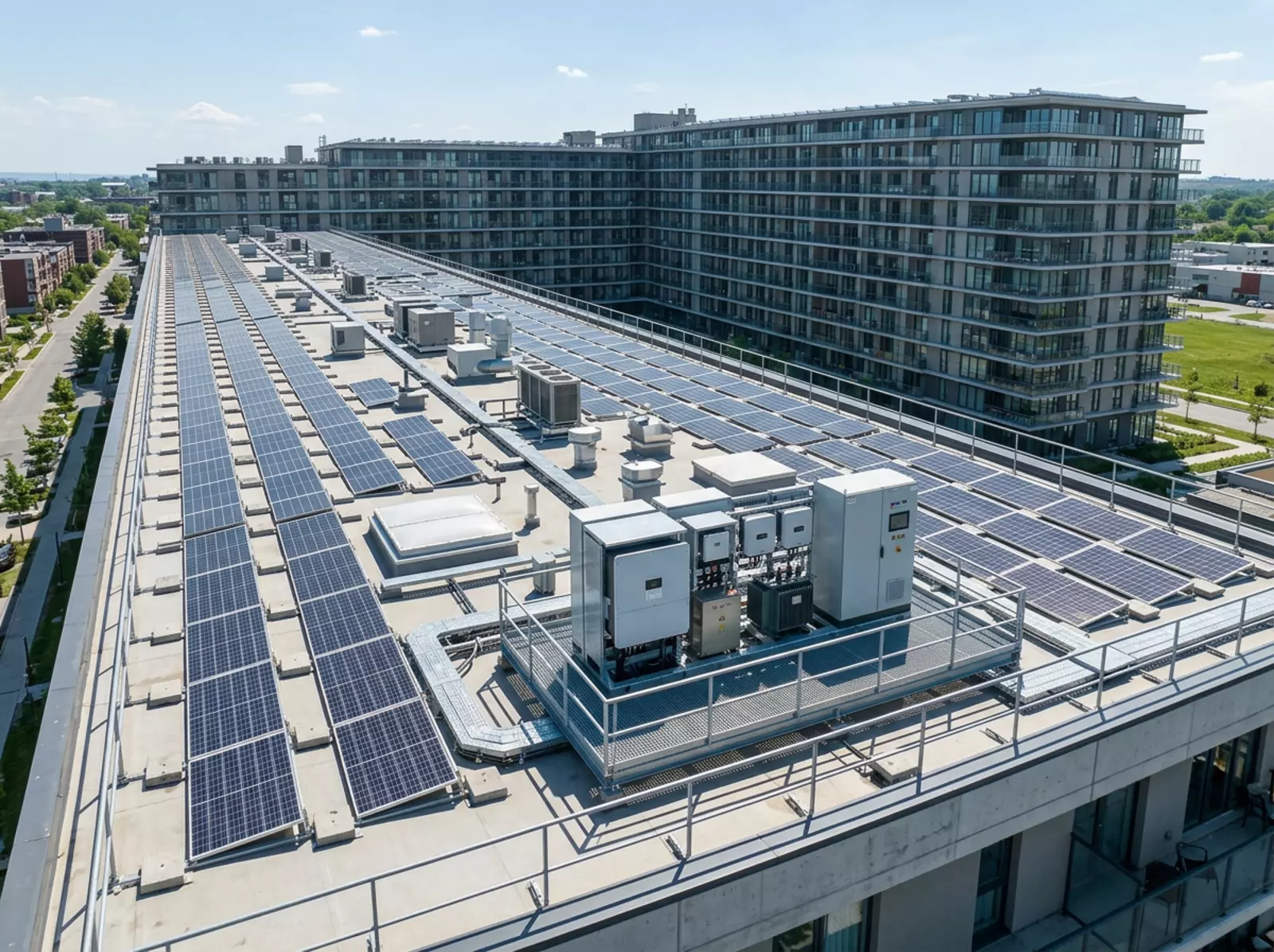 Aus erhöhter Perspektive bedeckt die Solaranlage Bonn ein weitläufiges Flachdach; dahinter steht ein moderner Wohnkomplex.