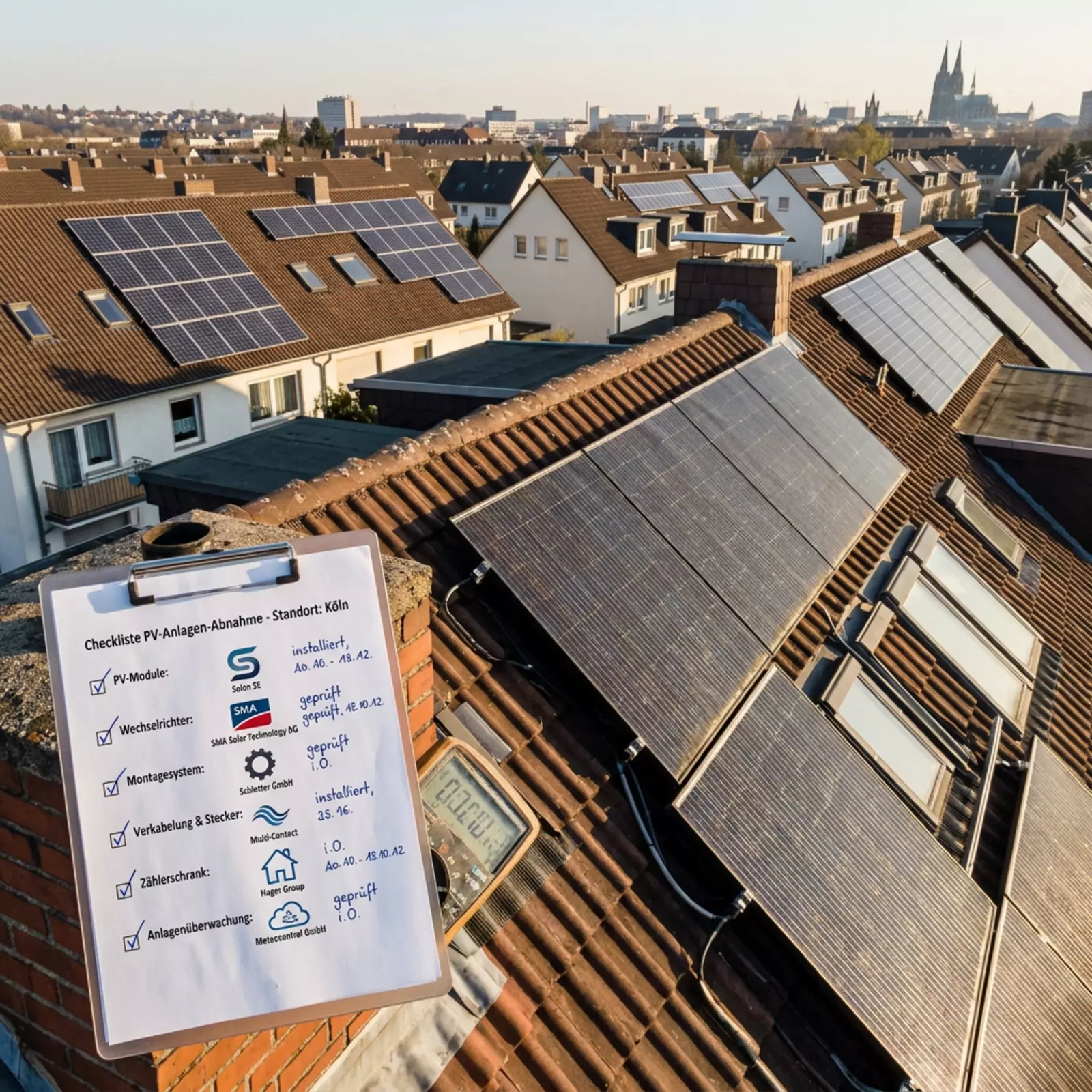 Drohnenperspektive: Solarmodule auf Kölner Wohnhausdächern bei Tageslicht.