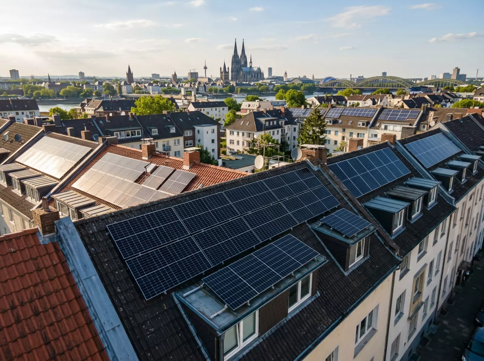 Drohnenperspektive auf Kölner Wohnhäuser mit Solarmodulen bei sonnigem Tageslicht